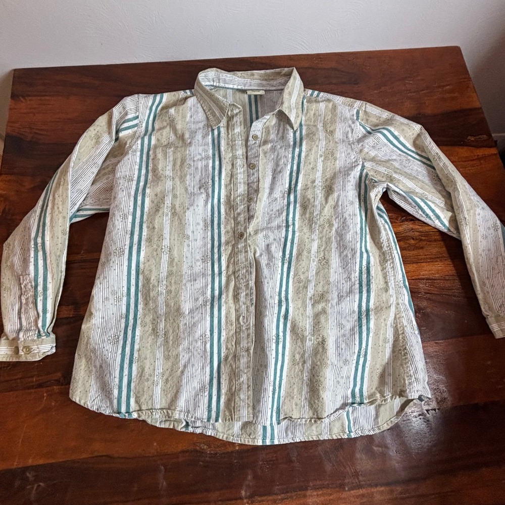 Cabelas Womens 2XL Green Tan Striped Floral Cotton Button Down Long Sleeve Shirt